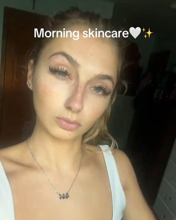 Woman with 'Morning skincare' text overlay in a casual setting
