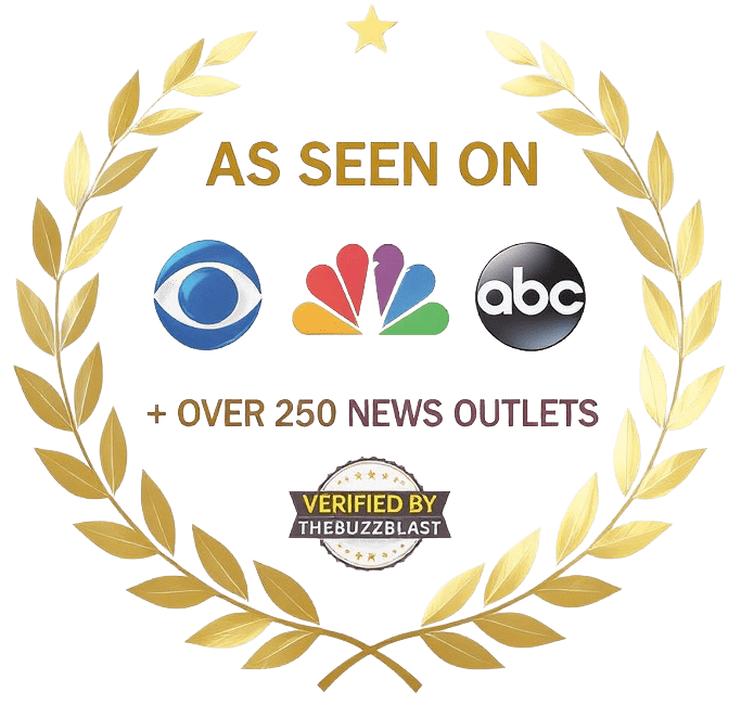 Decorative emblem with gold leaves and logos of NBC, ABC, and CBS on a green background.